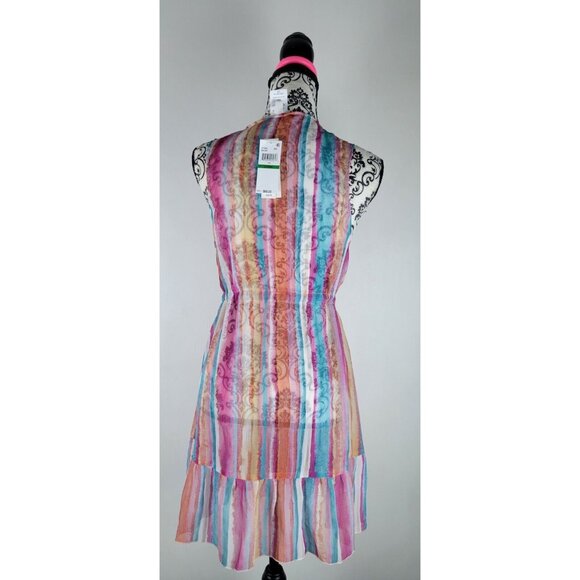 Lucky Brand Sheer Cover Up Womens Ruffle Dress Multicolor Striped Sz Large - Picture 3 of 4
